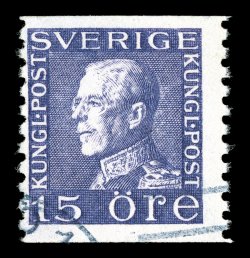 189, 1922 15ö violet, perf. 10 vert., watermarked wavy lines, deep vibrant color on fresh paper, light face-free cancel, a fine example of this scarce stamp (Facit 175Acx
SK8,500).
