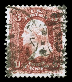 104, 3c Brown red re-issue, a highly desirable example of this extraordinarily rare used re-issue, with deep luxuriant color and a prooflike impression on crisp white paper,
attractively centered within large margins, duplex cancel, slightly sho