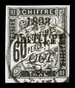 J24, 1893 60c Black postage due, with 1893Tahiti ovpt., full to large margins all around, fresh color and a strong impression, c.d.s. cancel, very fine signed A. Brun (Yvert
TT24 Ç620).