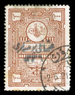 17, 1921 1,000pi Brown, overprint on revenue stamp, well centered, neat c.d.s. postmark, light perf. tip edge soilingtoning, overall a fine copy of this very rare stamp 2007
Turkey Philatelic Federation certificate.