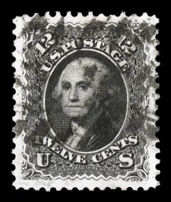 107, 12c Black re-issue, perfectly centered within lavishly large margins all around, stunning color that is remarkably deep and intense, prooflike impression on fresh paper,
oval grid cancel, an extremely fine gem.There are only thirteen reco