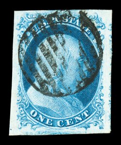 7, 1c Blue, Ty. II, huge margins all around, sumptuously rich color and a well defined impression, small grid cancel, extremely fine gem an extraordinarily choice example 1987 PF
certificate ex-Koppersmith.