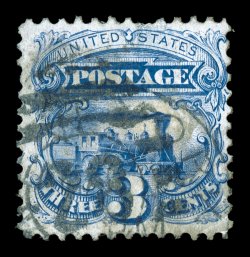 125, 3c Blue re-issue, an extremely rare used example, deep color and a crisp impression, duplex cancel with numeral 29 in oval of bars and portion of New York c.d.s. consistent
with genuine used examples, a couple of thin spots (causing a pul
