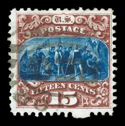 129, 15c Brown and blue re-issue, Ty. III, nicely centered, strong rich colors, light oval registry cancel, a couple unpunched perfs. at bottom, very fine only 1,981
sold.