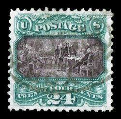 130, 24c Green and violet re-issue, wonderfully well centered within large margins, strong rich colors and crisp impressions, unusually light oval registry cancel, extremely
fine although this stamp catalogs more mint than used in Scott, it is