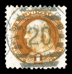 133a, 1c Brown orange re-issue, uncommonly well centered within large margins, lovely color that is bright and rich, attractively cancelled by a duplex, with the number 20
perfectly struck in the center of the stamp, extremely fine actually a