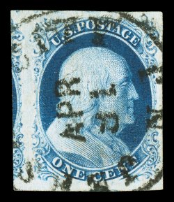 8, 1c Blue, Ty. III, the used example offered here is a visually striking and uncommonly choice copy of this very scarce type, showing a large break in the top label and an
enormous break in the bottom label, fabulously well margined, with huge