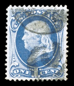 134, 1c Ultramarine with grill, uncharacteristically large balanced margins all around, bright color, light cork cancels, easily identifiable grill, extremely fine it is
terribly difficult to find a choice used example of this grilled stamp 19