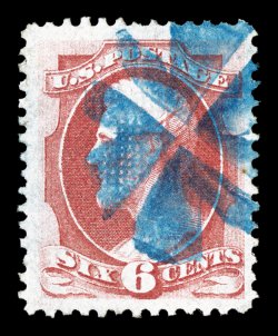 137, 6c Carmine with grill, a visually appealing copy that is exceedingly well centered amid particularly large margins, rich luxuriant color and a sharp impression that is
beautifully contrasted by the deep rich blue circle of Vs cancel,
