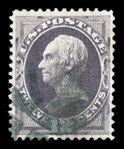 140, 12c Dull violet with grill, considerably better centering than typically found on this rare Bank Note, impressively rich color and a well incised impression, light cork
cancel, fully defined H grill, choice very fine to illustrate just h