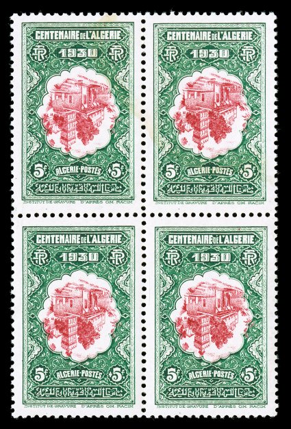 B26a, 1930 5Fr+5Fr Mosque, Center Inverted, a choice mint block of four of this scarce and attractive error, marvelously bright and fresh, rich colors, well centered, o.g.,
lightly hinged, top pair with faint translucent streak, very fine one o