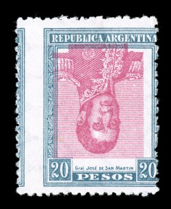 246a, 1917 20P Dull blue and claret, Center Inverted, centered to the right as are all known examples of this very rare error, strong fresh colors, o.g., very lightly hinged,
fine only a total of 22 examples exist, 12 of which are mint.