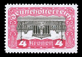 222a, 1919 4k Carmine and black, Center Inverted, flawlessly centered within very large margins, brilliantly fresh colors, o.g., h.r., extremely fine a select quality example
of this rare error lightly signed in pencil by Edwin Mueller and acc