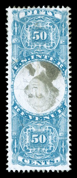 R115b, 50c Blue and black, Center Inverted, mint single with virtually full original gum, bright and fresh, fine one of the few sound original gum examples
known.