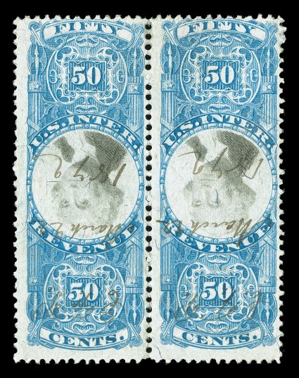 R115b, 50c Blue and black, Center Inverted, horizontal pair, fresh colors, light and neat 1872 ms. cancel, a few rejoined perfs. at bottom, fine very few pairs of this invert
exist without the punch cancels.