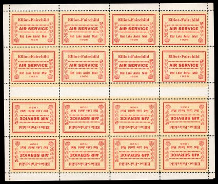 CL8, 1926 (25c) red and yellow Elliot-Fairchild Air Service, background of swastikas, complete sheet of 16, being two panes of 8 positioned tete-beche to one another and
separated by a horizontal gutter, positions 6 and 8 in each pane showing si