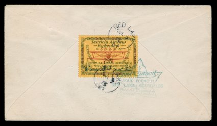 CL13 var., 1926 (25c) Green and red on yellow Patricia Airways and Exploration Co., with Red Lake inscription in top and bottom border inverted, well centered single tied to
reverse of flown cover by two strikes of Red LakeJul 726 c.d.s.,