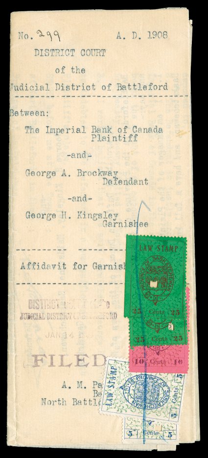 van Dam SL1a, 1907 Saskatchewan 5c Coat of Arms Law stamp, Center Inverted, an incredibly well centered example of this very rare stamp tied to a complete 1908 Court document
(Affidavit for Garnishment), along with a single normal 5c value