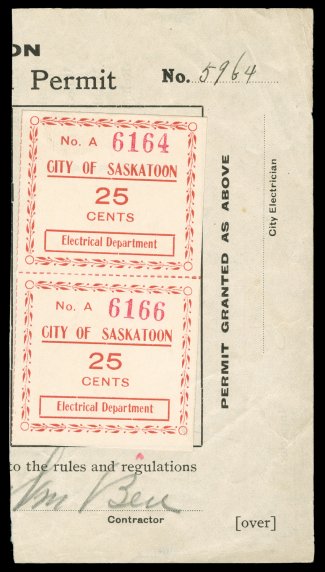 van Dam SE1a, 1911 Saskatchewan 25c Dull red Electrical Inspection stamp, bottom right leaf segment (border) inverted, remarkably there is a second example in the Cunliffe
collection, however this one is in a se-tenant pair with a normal stamp