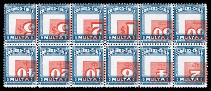 J48-58 var., 1924 2c-5p Blue and red postage dues, Centers Inverted, in a se-tenant block of twelve, perforated 11 12, a striking mint block (2x6) containing all eleven
different values, plus and extra 5p high value, all with inverted centers t