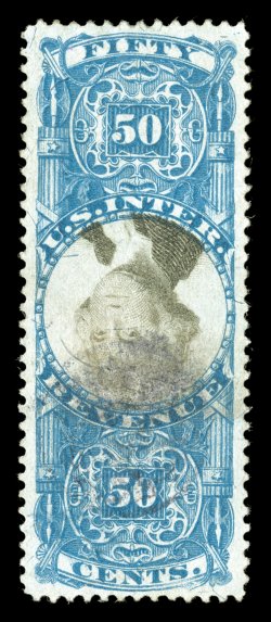R115b var., 50c Blue and black, Center Inverted, double transfer of Fifty at top, well centered, deep colors, repaired punch cancel at bottom and horizontal crease, very fine
appearance.