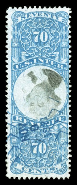 R117a, 70c Blue and black, Center Inverted, bright and fresh, blue handstamp and light herringbone cancel, thin spots, fine appearance less than 30 copies have been recorded in
reviewing the Larry Lyons census, it is clear that the Seventy