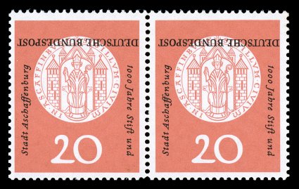 Michel 255K, 1957 20(pf) Arms of Aschaffenburg, black Inscriptions Inverted, choice horizontal pair of this rare and seldom offered invert, well centered, post office fresh,
o.g., never hinged, very fine the first examples of this invert we h