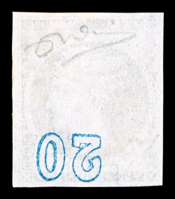 31c, 1870 20l Light blue on bluish, 20 numeral on reverse Inverted, used, four close (at bottom left) to mostly full margins, deep rich color and impression, lightly
cancelled, nearly very fine for this scarce and seldom seen error (Michel 31