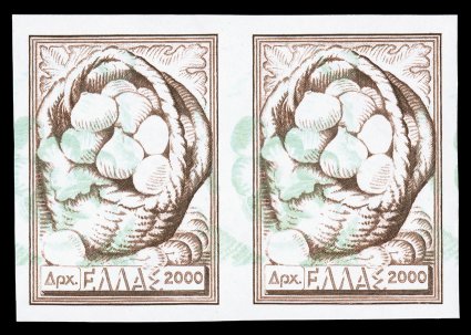 551a var., 553 var., 1953 1,000d Olive oil and 2,000d Figs, imperforate pairs, each with light green Background Inverted, the two values from the set that are found
imperforate, although the Scott catalog only lists the 1,000D imperforate pair a