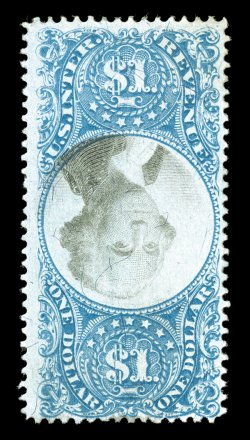 R118a, $1.00 Blue and black, Center Inverted, a rarely seen mint single, rich colors, large part original gum, fine we doubt more than three or four sound mint original gum
examples of this inverted center exist 1984 PF certificate.