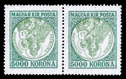 386a, 1923 5000k Madonna and Child, Center Inverted, a spectacular horizontal pair of this famous inverted center rarity, wonderfully fresh, bright colors, flawlessly centered
within huge margins, o.g., left stamp very lightly hinged, right stam