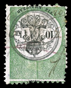 Barefoot 8a, 1868 10Kr Black and green revenue stamp, Center Inverted, used, light manuscript cancel, strong colors, centered a bit to top right, fine believed to be quite
rare accompanied by a 1966 letter from the well respected dealer Robert