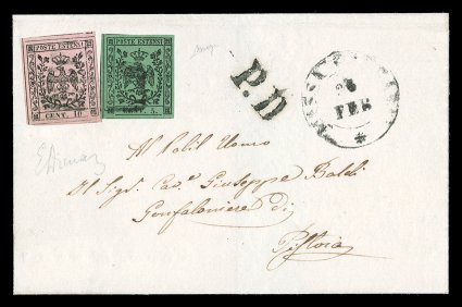 2b, 1852 10c Black on rose, 1 of 10 inverted, a lovely example tied together by a light strike of a boxed grid postmark with single 5c Black on green (1) on an exceptionally
clean 1857 folded entire to Pistoia, matching Massa Carrara26 Fe