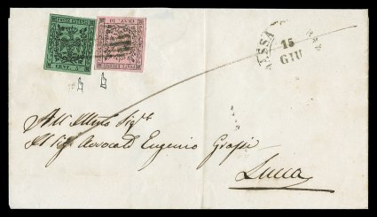 Sassone 2e, 8b, 1852 10c Black on rose, without line under 10, and 5c Black on green, with raised period after 5 (punto in alta), handsome examples of both scarce varieties
tied together to an 1857 folded entire by a boxed grid cancel, match