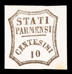 13b, 1859 10c Brown, 1 of 10 inverted, a lovely mint example of this scarce and unusual error, incredibly well margined, with four lavishly large margins, strong color and
impression on fresh paper, full o.g., lightly hinged, just a small mi