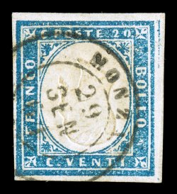 12g, 1861 20c Blue, Head Inverted, a choice used example that is completely free of the faults that plague so many classic stamps of this region, strong color and embossing,
four ample to mostly large margins, neat strike of Monza29 Sen 64 do