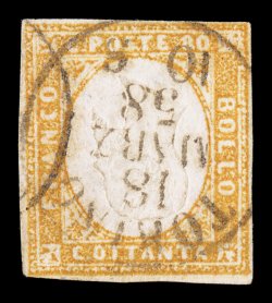 14e, 1858 80c Ochre (bistro arancio), Head Inverted, a used example of this enormously rare stamp, featuring a lovely central strike of Torino18 Marz 58 c.d.s., stamp also has
strong color and embossing showing the error quite well, four clos