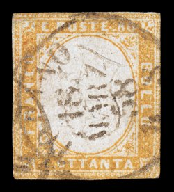 14e, 1858 80c Yellow ochre (ocra arancio), Head Inverted, remarkably the Cunliffe collection has a second example of this great rarity, however this one is from the 1859
printing and is believed to be the only recorded example of an inverted hea
