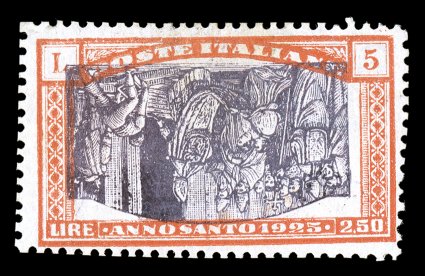 B25 var., 1924 5L + 2.50L Holy Year semi-postal, Center Inverted, fresh mint example of this variety whose status is unknown, but listed in the Sellinger catalog, fresh
colors, o.g., lightly hinged, very fine (Sassone 174 var.).