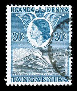 108b, 1954 30c Owen Falls Dam, Vignette (dam) Inverted, watermark inverted as well, an exceptionally attractive used example of this spectacular error showing the dam and
inscription inverted but properly placed in the design, light unobtrusive