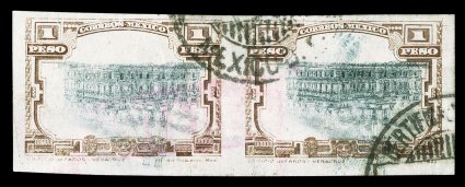 513a, 1916 1P Brown and black, imperforate, Center Inverted, a most unusual horizontal pair that was postally used, with four large to huge margins, neat portions of two
strikes of a certified c.d.s., along with just a faint trace of a red postm