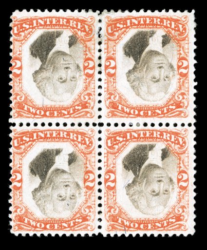 R135b, 2c Orange and black, Center Inverted, rare mint block of four, vibrant colors, o.g. that is slightly disturbed from hinge removals, small thin affecting the top stamps,
fine-very fine appearance according to the Curtis census, this is on