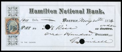 R135b, 2c Orange and black, Center Inverted, bright single tied to check by blue oval handstamp of Boston & Albany R.R. dated May 20, 1874, fresh and fine cataloged as a used
off-document stamp.