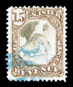R139a, 15c Brown and black, Center Inverted, an incredibly rare and completely sound used single, strong colors, light blue handstamp cancel, fine a very rare invert, with our
records showing sixteen singles and the unique pair (see lot 141