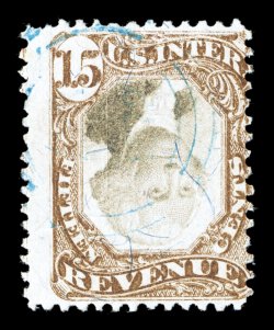 R139a, 15c Brown and black, Center Inverted, rich colors, cancelled by a light blue cut cancel that barely breaks the paper, fine a highly collectable copy of this invert
rarity.