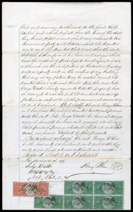 R144a, $1.00 Green and black, Center Inverted, block of five along with $5.00 Vermilion and black (R148), used on 1872 Conveyance of Land in Savannah, Georgia, stamps with
deeply rich color and cancelled with ms. dated July 12, 1872, middle sta