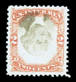 R151a, 2c Orange and black on green, Center Inverted, exceptionally well centered within lavish margins, fairly strong colors, barely perceptible herringbone cancel, extremely
fine.