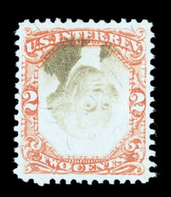 R151a, 2c Orange and black on green, Center Inverted, unusually well centered, bright colors, tiniest hint of a waffle iron or herringbone cancel, very fine.