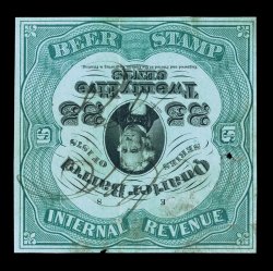 REA39a, 25c (¼ Barrel) Green and black, Center Inverted, position 8 on the pane, four large margins, strong color, ms. cancel, usual faults including a small hole at right and
a nick in the bottom margin, very fine appearance.Like the previous