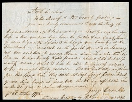 RM167, 168, North Carolina, 50c and 75c Embossed handstamp, strong impression of the 50c at top left and lighter impression of the 75c Inverted in relation to the 50c at right
of Writ to jail debtor for non-payment of debt, executed by the s